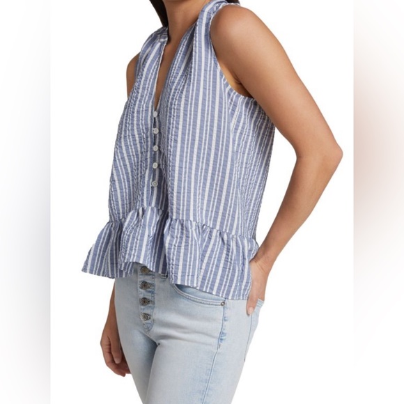 Veronica Beard Tops - Veronica Beard Jeans Antonia Sleeveless Striped Ruffled Shirt, Size Large